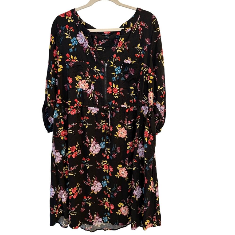 Torrid Black Floral Zipper Front Shirt Dress Utility Pocket Plus Size 2X